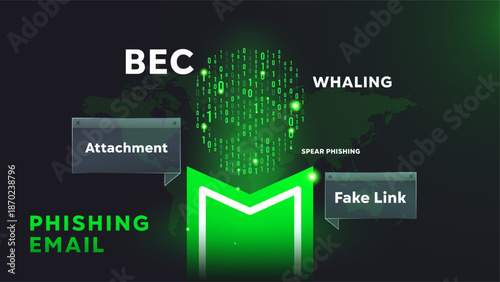 Cyber fraud concept with binary skull, world map, and fake link alerts on dark green background. Digital security threat, phishing attachment, and data breach warning for tech themes.
