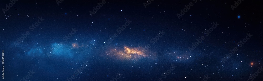 Fototapeta premium Wide panoramic view of a star-filled night sky with a bright band of the Milky Way galaxy crossing horizontally and glowing clusters of stars