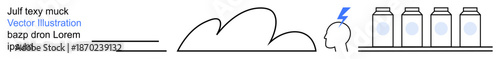 Weather, energy, ideas, manufacturing, storage, sustainability. Abstract line art a cloud, head with a lightning bolt and four containers on a shelf. Weather and energy concept