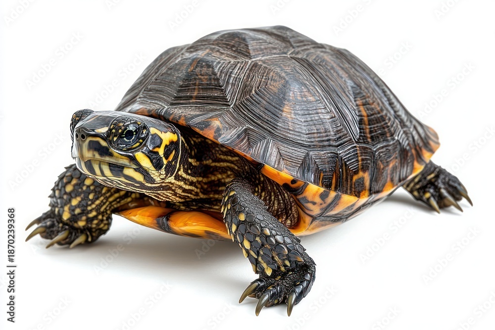 Fototapeta premium close-up of a patterned land turtle with glossy dark shell and vivid yellow-orange markings, calm alert expression on a clean white background