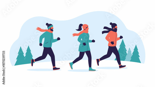 Three People Running in Winter Clothes.