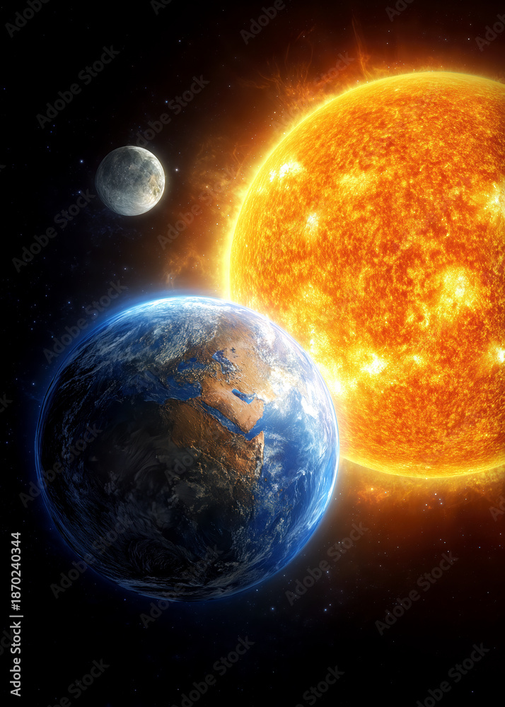 Obraz premium In a vast expanse of space, the bright sun radiates warmth and energy, illuminating the blue-green Earth below. The serene moon orbits gracefully, completing this cosmic panorama of unity and harmony.