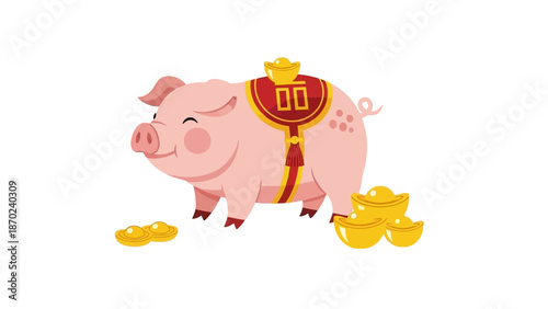 Pink pig with gold ingots Chinese New Year prosperity good luck.