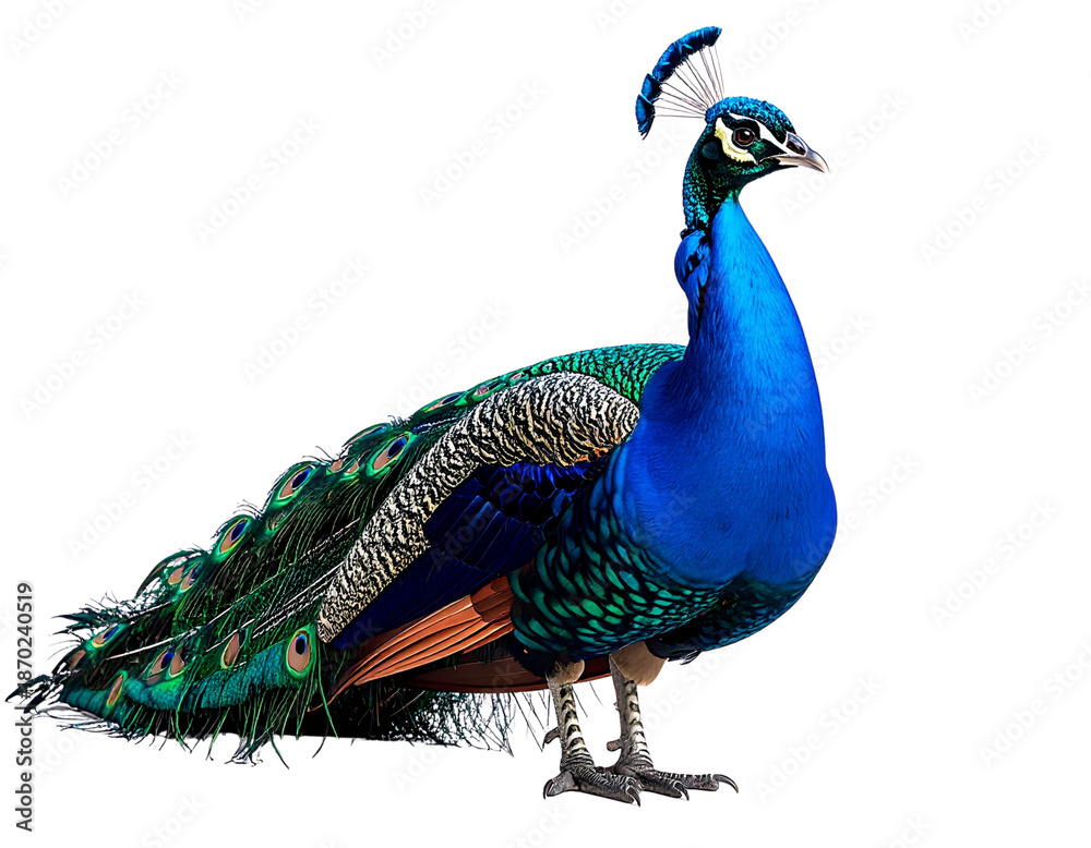 Fototapeta premium Untitled design - Close-Up Full Body Peacock Standing With Folded Feathers, Isolated on White Background PNG (2)