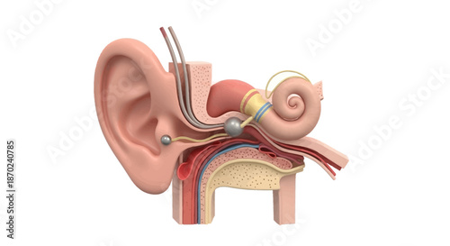 Detailed 3D anatomical cross-section of the human ear, illustrating complex internal structures of the auditory system crucial for sound perception and balance