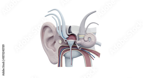 Detailed anatomical illustration of the human ear, showcasing the intricate structures responsible for hearing and balance perception within the body