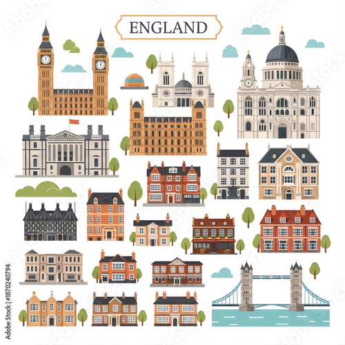Flat vector illustration showcasing famous English landmarks and diverse architectural styles of traditional buildings.