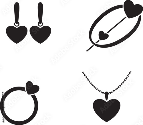 heart shaped jewelry items including earrings, necklace, ring, and a unique brooch design