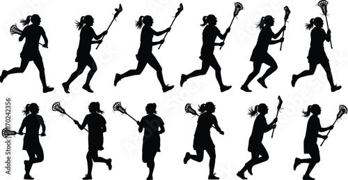 Female lacrosse player silhouettes running with sticks isolated on white background dynamic team sport training vector illustration set