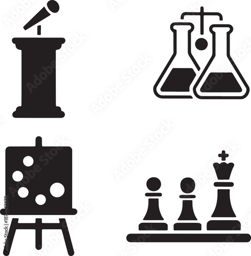 Speech podium science flasks art easel chess pieces black silhouette education icons