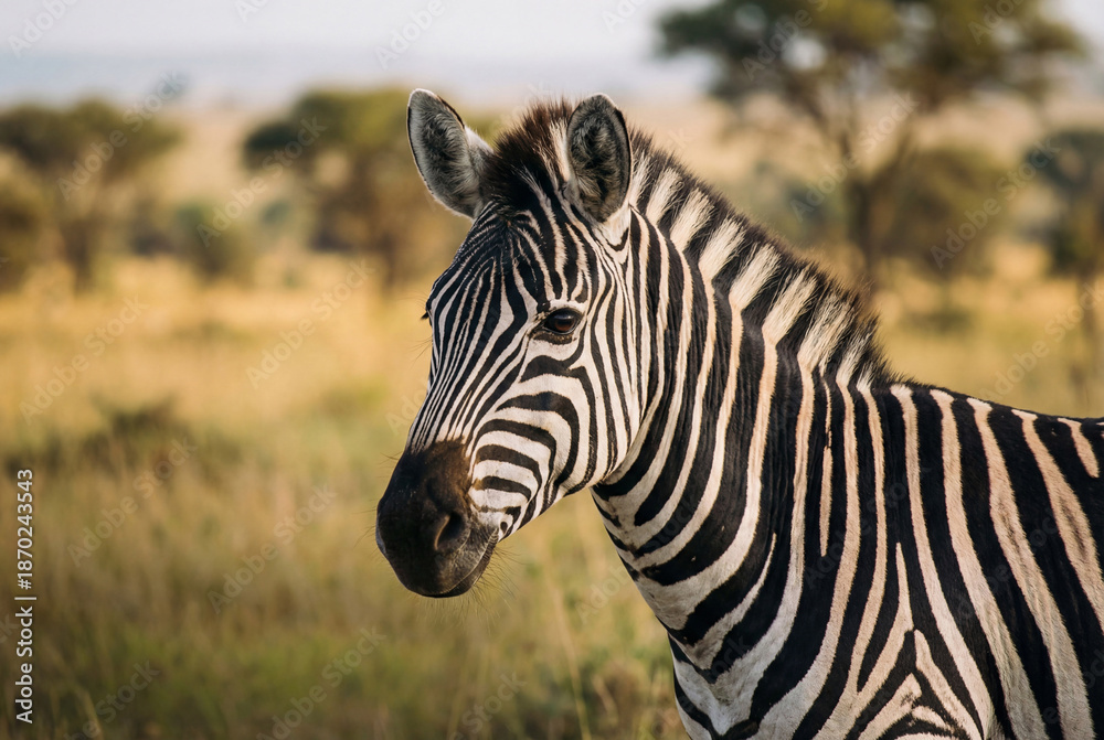 Naklejka premium Close up portrait of a wild plains zebra standing in the african savanna with blurred acacia trees