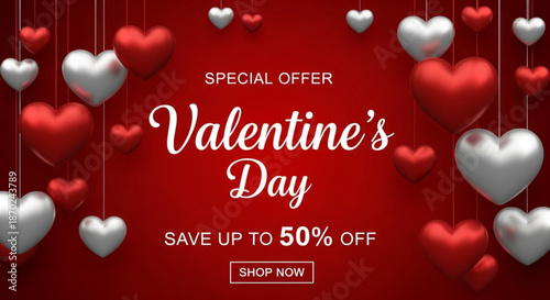 Valentine's day 50% off banner. Valentine's Day banner for sale. Romantic 3D hearts on a red background. Special offer. Lettering and calligraphy. Festive web banner. Vector illustration