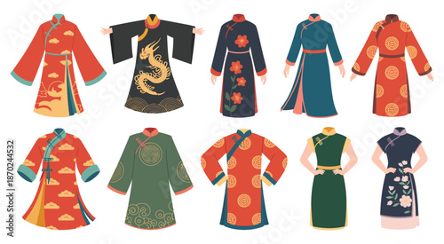 Elegant Variety of Traditional Chinese Clothing Designs for Cultural Appreciation, Showcasing Historical Costumes,  and Qipao Styles, Traditional Fashion Heritage