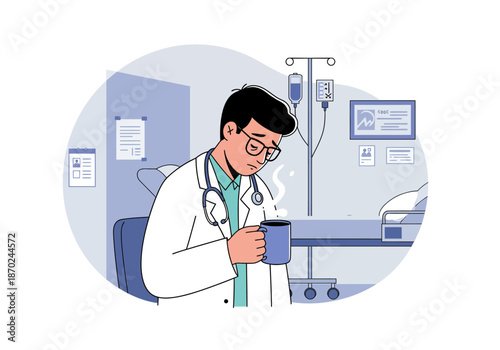 Tired Doctor Taking a Coffee Break in Hospital.