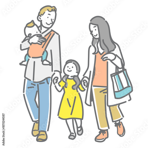 春のお散歩を楽しむ若い家族　シンプルでお洒落な線画イラスト