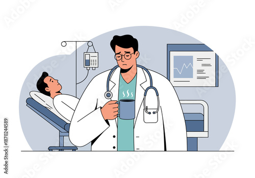 Concerned Doctor Attending to Patient in Hospital Room.