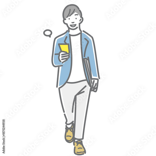 さわやかな気持ちで出勤する笑顔の男性　シンプルでお洒落な線画イラスト