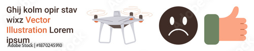 Technology, feedback, expressions, user interaction, product reviews, consumer sentiment. A quadcopter, a thumbs-up icon and a sad face emoticon. Technology and feedback concept