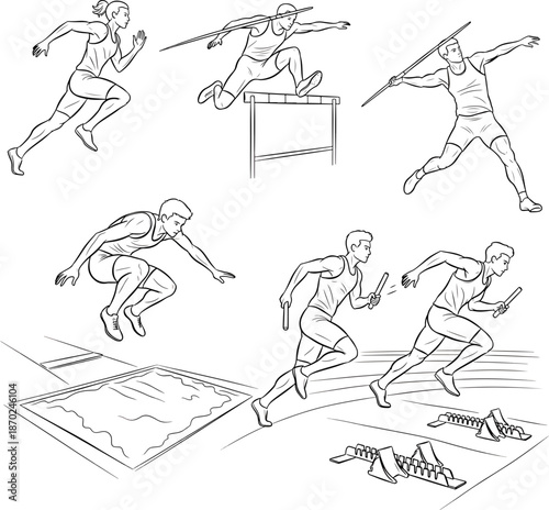 Athletes competing in various track and field events in motion