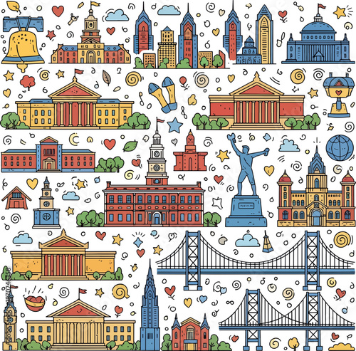 Vibrant Philadelphia cityscape with iconic landmarks and symbols