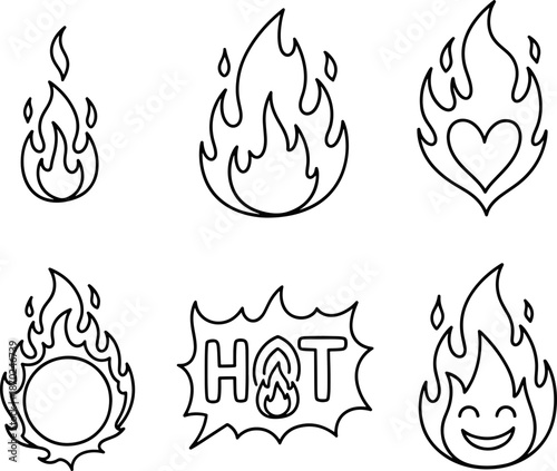 Flame icons set with hot and heart symbols