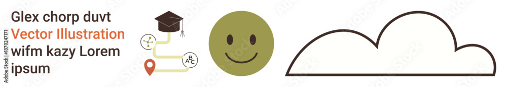 Fototapeta premium Education, technology, cloud storage, graduation, workflow, inspiration. Graduation cap, linked icons happy face and cloud outline. Education and technology framework that highlights success