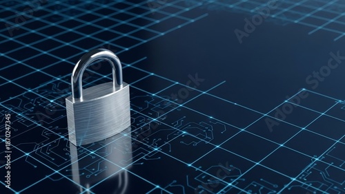 Secure digital padlock on futuristic circuit board background