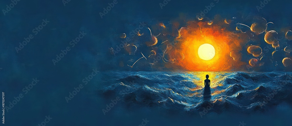 Fototapeta premium solitary silhouette standing in a choppy blue ocean facing a radiant golden sun at the horizon, warm glow reflected on waves, evoking solitude, contemplation and quiet wonder