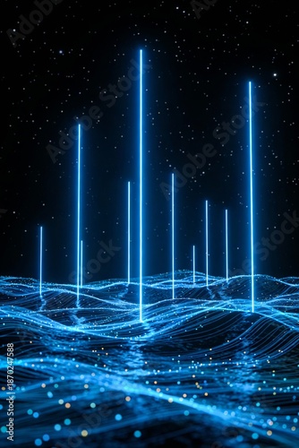 Abstract digital artwork with blue waves and vertical neon lines on a starry background, evoking technology, data, and futuristic concepts.