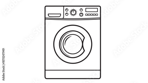 Front loading washing machine in simple line art style with black outline on white background for household appliance illustration