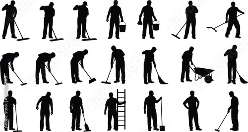 Cleaning worker silhouettes with tools broom bucket ladder wheelbarrow isolated on white background maintenance janitor service vector illustration set
