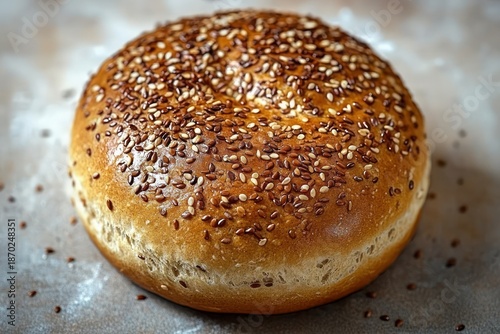 Golden round seeded bun with sesame and flax seeds on parchment, warm appetizing rustic homemade bread