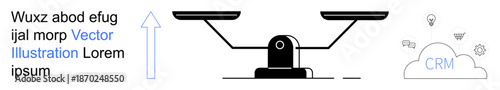 Business strategy, data analysis, technology, decision-making, cloud computing, organizational growth. Balance scale, upward arrow CRM cloud. Business strategy and data analysis concept