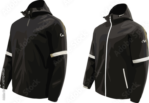 Black waterproof hooded jacket front and back view vector illustration for outdoor sportswear apparel mockup branding retail marketing design