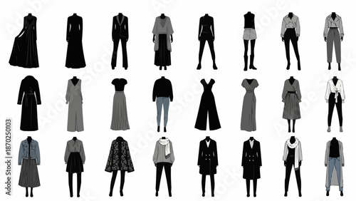 Collection of Fashionable Outfits and Clothing Items Displayed.