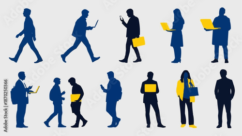 Diverse group of people silhouettes in various poses and activities.