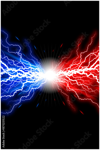 二極化・対立を表現した雷エネルギーの衝突イメージ