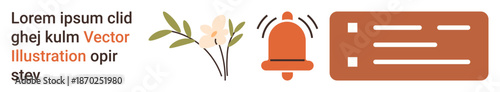 Digital marketing, graphic design, user interface, online notifications, floral decoration, abstract design. Image features a floral vector, a notification bell icon and an abstract shape. Digital