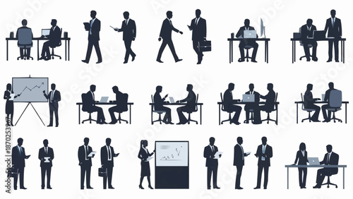 Collection of Business People Silhouettes in Various Office Activities.