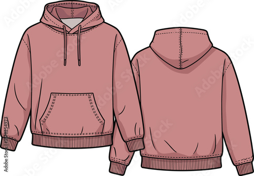 Hooded sweatshirt vector illustration showing front and back views modern casual streetwear apparel technical flat design mockup template clothing presentation