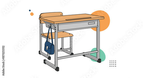 Illustration of a classic wooden and metal school desk and chair set with a school bag hanging from a hook on the side.