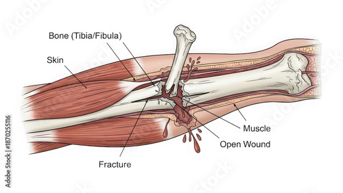 human leg anatomy with tibia fibula fracture and open wound