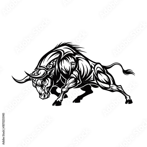 Dynamic black and white illustration of a powerful, charging bull with muscular details and aggressive posture.