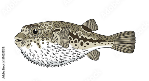 Detailed and realistic illustration of a Takifugu pufferfish, also known as fugu, a poisonous but prized fish in Japan.