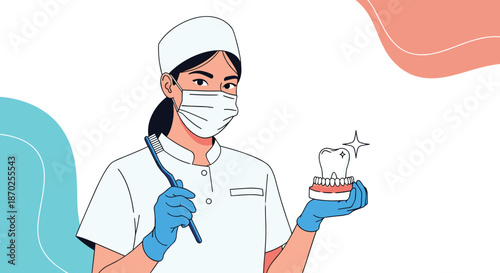A professional female dentist or dental hygienist wearing a mask and gloves, holding a toothbrush and a model of clean teeth.