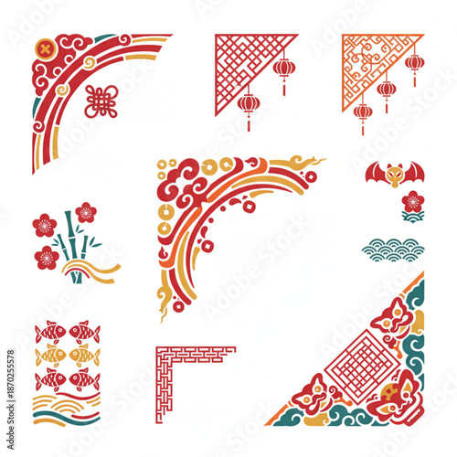 Traditional Chinese New Year Corner Decorations Featuring Festive Symbols and Ornate Designs