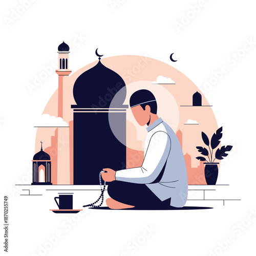 Serene Muslim man praying with rosary in peaceful mosque setting