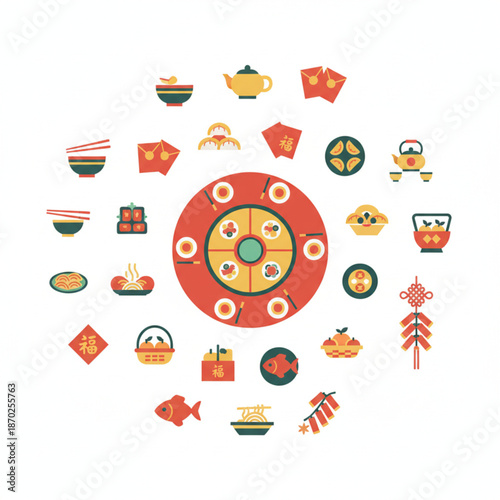 Celebratory Chinese New Year dinner setup on a round dining table with festive icons and decorations
