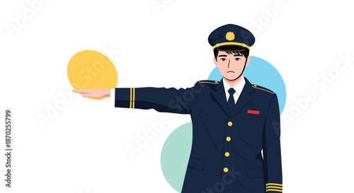 A train conductor or station attendant in a formal uniform signaling with an outstretched arm and a serious expression.