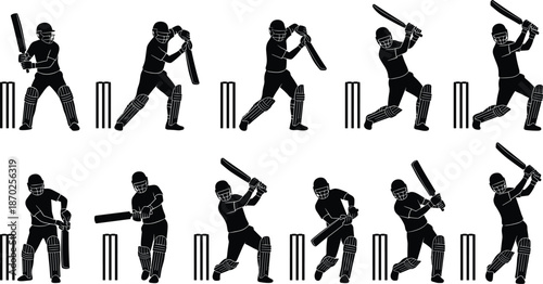 Cricket batsman silhouette illustration, black design of batting poses, shot technique sequence, sports training concept, wicket stance comparison